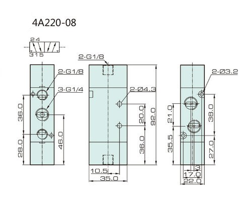H.A.K. pneumatic (4-Way 2-Air Pilot) Valve, NPT 1/4” (4A220-08)